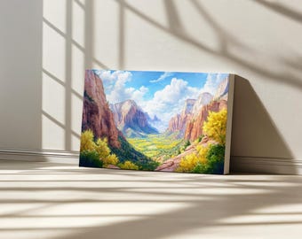 Angels Landing Canvas, Zion National Park Wall Art, Utah Autumn Fall Foliage Print, Red Rock Mountain Canyon, Zion Valley Landscape Painting