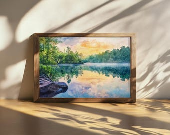 Printable Lake Wylie Painting, Clear Water Reflection Wall Art, South Carolina Summer Sunset Artwork, Charlotte Forest Golden Hour Nature