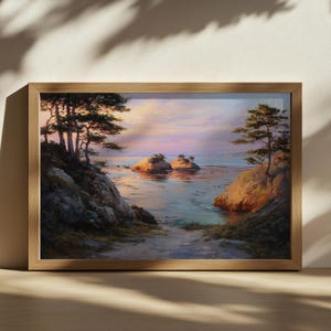 Schilderij Point Lobos, Californië klaprozen natuur muurkunst, Monterey Peninsula Bay zonsondergang landschap, Stille Oceaan kust winter zeegezicht kunst