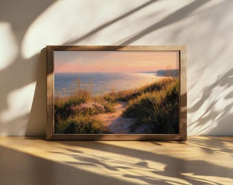 Printable Lake Michigan Painting, Great Lakes of North American Wall Art, Michigan Spring Wildflower Artwork, Sand Dune Shoreline Sunrise