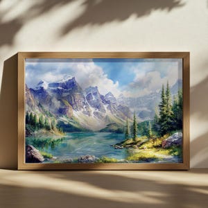 Pintura del lago Moraine, arte mural del Parque Nacional Banff, obra de arte con reflejos en el agua en las Montañas Rocosas de verano de Canadá, arte paisajístico de bosques montañosos de Alberta