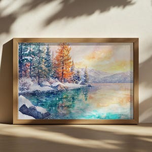 Lake Tahoe Sunset Painting, Turquoise Water Reflection Wall Art, California Winter Snow Nature Artwork, Lakeside Mountain Forest Landscape