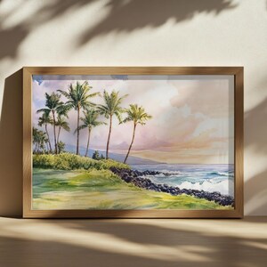 Big Island Painting, Hawaii Coastal Blue Ocean Wall Art, Hawaiian Volcanic Rock Summer Sunrise Artwork, Island Palm Tree Nature Landscape