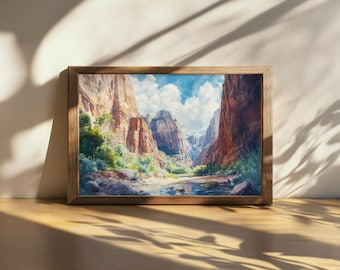 Printable The Narrows Painting, Zion National Park Wall Art, Utah Summer Red Rock Canyon Artwork, Virgin River Mountain Nature Landscape Art