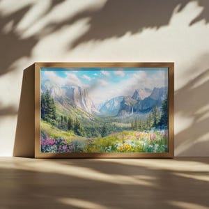 Yosemite National Park Painting, Tunnel View Wall Art, California Spring Wildflower Forest, Sierra Nevada Mountain Nature Landscape Print