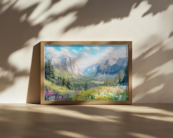 Yosemite National Park Painting, Tunnel View Wall Art, California Spring Wildflower Forest, Sierra Nevada Mountain Nature Landscape Print