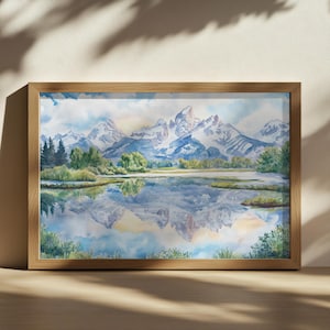 Grand Teton Nationalpark Malerei, Wandkunst des klaren See-Wasser-Reflexion, Wyoming Winter-Schnee-Kunst, Bergwald-Natur-Landschaftskunst