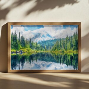 Mount Rainier National Park Painting, Reflection Lakes Wall Art, Washington Summer Nature Artwork, Snow Mountain Forest Landscape Art Print
