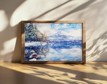 Printable Mount Fuji Painting, Lake Kawaguchi Reflection Wall Art, Japan Winter Snow Artwork, Japanese Lakeside Mountain Forest Nature Print