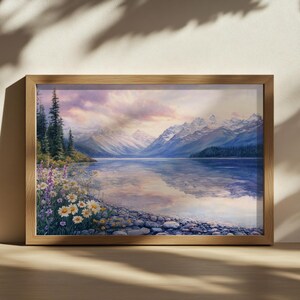 Glacier National Park Sunset Painting, Lake McDonald Reflection Wall Art, Montana Spring Wildflower Nature, Mountain Forest Landscape Print
