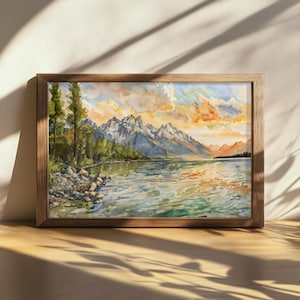 Druckbare Jenny See Sonnenuntergang Gemälde, Grand Teton National Park Wandkunst, Wyoming Sommer Spiegelung Kunstwerk, Bergwald Naturdruck