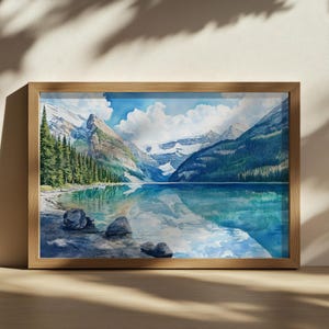 Pintura del lago Louise, arte mural del Parque Nacional Banff, obra de arte de montaña de verano en Canadá, arte de agua turquesa, impresión artística de paisaje natural forestal