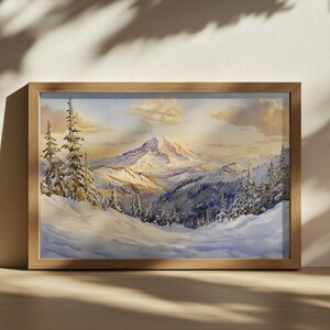 Mount Rainier National Park Sunset Painting, Washington Mountain Wall Art, Pacific Northwest Winter, Snow Forest Nature Landscape Artwork
