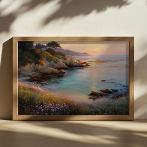 Schilderij Point Lobos, Californië klaprozen natuur muurkunst, Monterey Peninsula Bay zonsondergang kunst, Stille Oceaan kust lente landschap met wilde bloemen