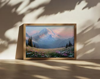 Mount Rainier Nationalpark Gemälde, Kaskadenkette Wandkunst, Washington Frühling Wildblumen Sonnenaufgang, Schnee Bergwald Naturlandschaft