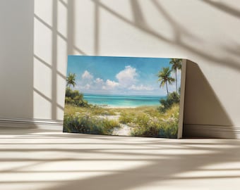 Florida Keys Canvas, Key West Spring Wildflower Wall Art, Atlantic Ocean Tropical Island Artwork, Beach Palm Tree Nature Landscape Painting