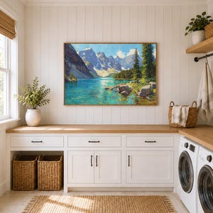 Dipinto del lago Moraine, opera d'arte murale del Parco nazionale di Banff, opera d'arte estiva sulle montagne rocciose canadesi, stampa di paesaggi naturali con acque turchesi del Canada immagine 10