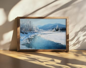 Printable White Mountains National Forest Painting, Appalachian Trail Wall Art, New Hampshire Winter Artwork, Alpine Snow River Nature Print