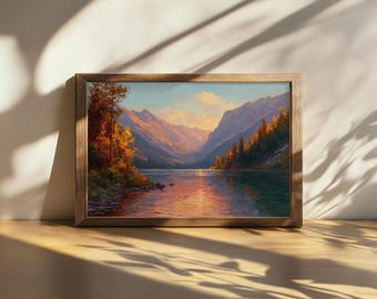 Printable Avalanche Lake Sunset Painting, Glacier National Park Wall Art, Montana Autumn Mountain Artwork, Forest Fall Foliage Nature Print