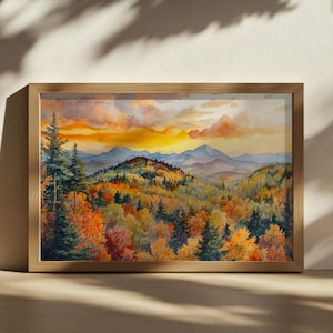 Adirondack Mountains Sunset Painting, Adirondack High Peak Wall Art, New York Autumn Fall Foliage Artwork, Forest Nature Landscape Print