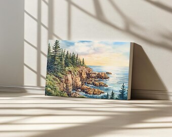 Acadia National Park Canvas, Atlantic Ocean Coastline Wall Art, Maine Summer Coastal Sunrise Artwork, East Coast Forest Landscape Painting