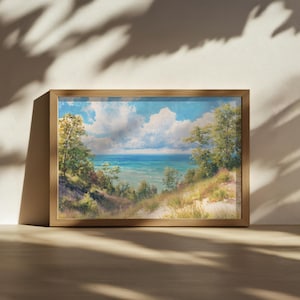 Dipinto del lago Michigan, Grandi Laghi del Nord America, Opera d'arte raffigurante l'acqua della costa estiva del Michigan, Stampa artistica di paesaggi naturali e forestali