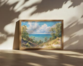 Lake Michigan Painting, Great Lakes of North American Wall Art, Michigan Summer Shoreline Water Artwork, Forest Nature Landscape Art Print