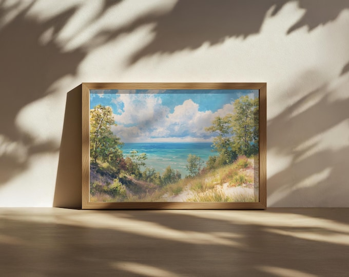 Lake Michigan Painting, Great Lakes of North American Wall Art, Michigan Summer Shoreline Water Artwork, Forest Nature Landscape Art Print