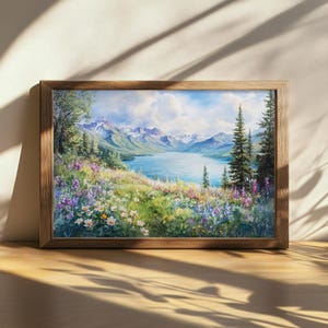 Printable Lake McDonald Painting, Glacier National Park Wall Art, Montana Spring Wildflower, Mountain Nature Artwork, Forest Landscape Print