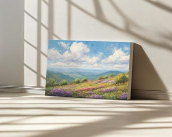 Lienzo del Parque Nacional Shenandoah, Arte mural de las Montañas Blue Ridge, Arte de flores silvestres de primavera de Virginia, Pintura de paisaje natural del bosque de los Apalaches