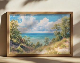 Lake Michigan Painting, Great Lakes of North American Wall Art, Michigan Summer Shoreline Water Artwork, Forest Nature Landscape Art Print