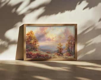 Peinture au lever du soleil sur le lac Michigan, art mural des Grands Lacs d'Amérique du Nord, oeuvre d'art feuillage automne automne du Michigan, impression paysage Nature forêt