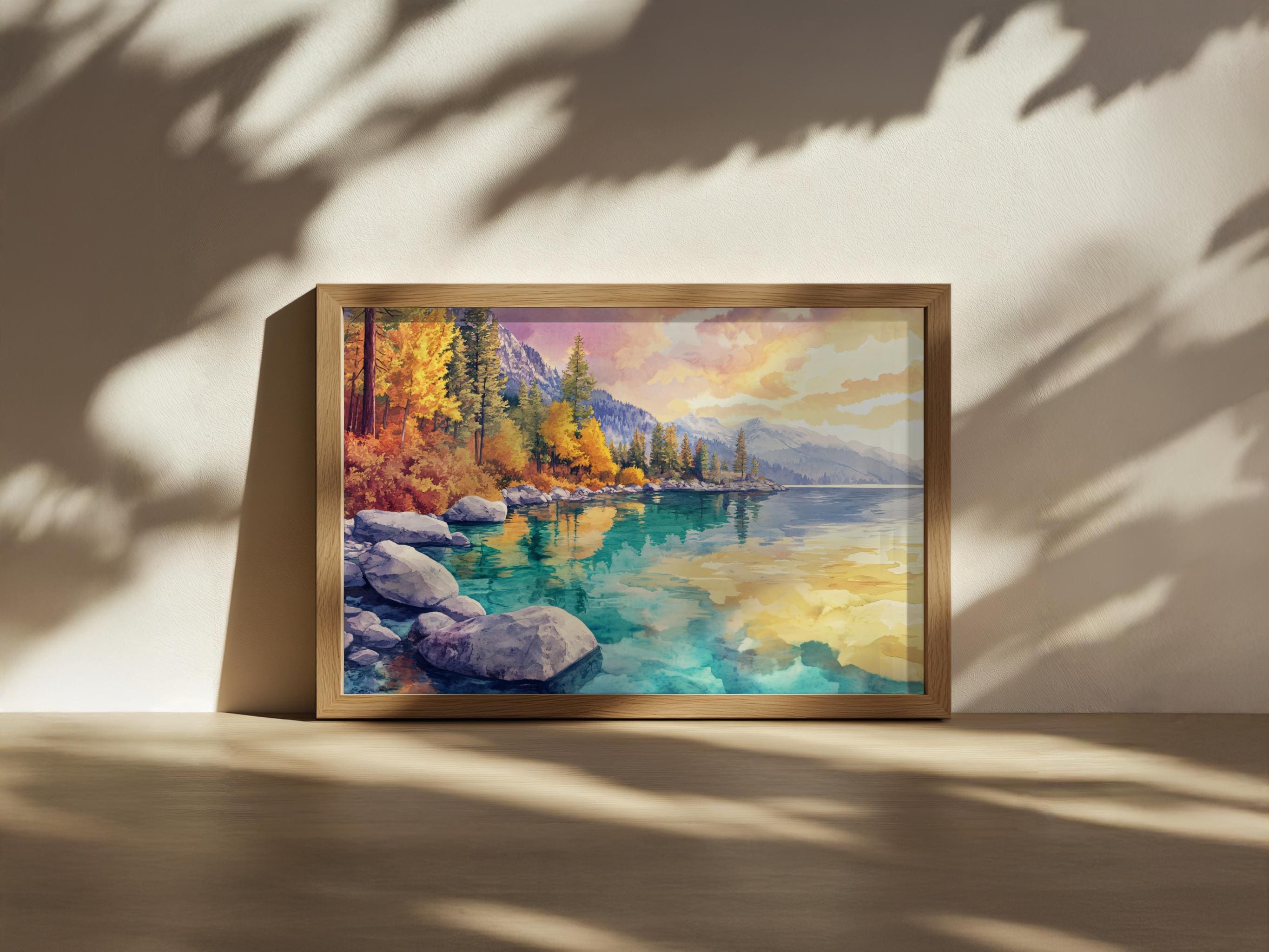 タホ湖の夕焼けの絵画、湖畔のターコイズブルーのウォーターウォール