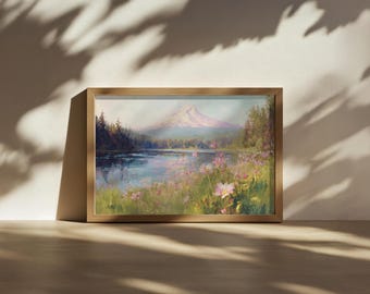 Mount Hood Painting, Trillium Lake Reflection Wall Art, Oregon Spring Wildflower Art, Cascade Range Mountain Forest Nature Landscape Print
