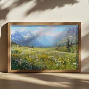 Glacier National Park Painting, Rocky Mountain Range Wall Art, Montana Spring Wildflower Art, Rockies Alpine Forest Nature Landscape Print