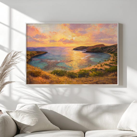 Hanauma Bay Sunset Painting, Hawaii Coral Reef Ocean Wall Art