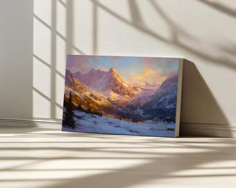 Glacier National Park Canvas, Rocky Mountain Range Wall Art, Montana Winter Snow Sunset Art, Rockies Alpine Forest Nature Landscape Painting