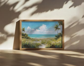 Florida Keys Painting, Key West Spring Wildflower Wall Art, Atlantic Ocean Tropical Island Artwork, Beach Palm Tree Nature Landscape Print