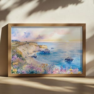 Big Sur Sunset Painting, Monterey Ocean Beach Wall Art, California Spring Wildflower Artwork, Coastal Golden Hour Nature Landscape Art Decor