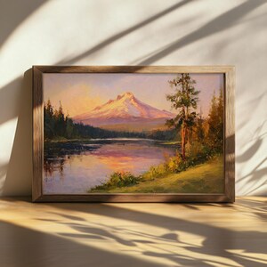 Printable Mount Hood Painting, Trillium Lake Reflection Wall Art, Oregon Summer Sunset Art, Cascade Range Snow Mountain Forest Nature Print