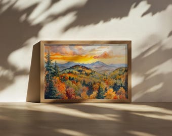 Dipinto di tramonto sui Monti Adirondack, arte murale sulle cime più alte degli Adirondack, opera d'arte con fogliame autunnale di New York, stampa di paesaggi naturali della foresta