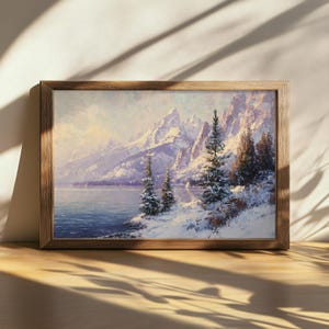 Druckbare Jenny See Gemälde, Grand Teton National Park Wandbild, Wyoming Winter Schnee Sonnenaufgang Kunstwerk, Gebirgskette Wald Naturdruck