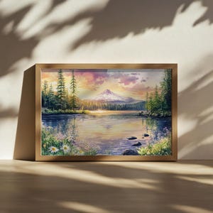 Mount Hood Sunset Painting, Trillium Lake Reflection Wall Art, Oregon Spring Wildflower Artwork, Cascade Mountain Forest Nature Landscape
