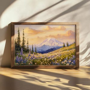 Afdrukbaar schilderij Mount Rainier National Park, kunst aan de muur trapsgewijs bereik, Washington Spring Wildflower-kunstwerk, bergbos natuur zonsondergang