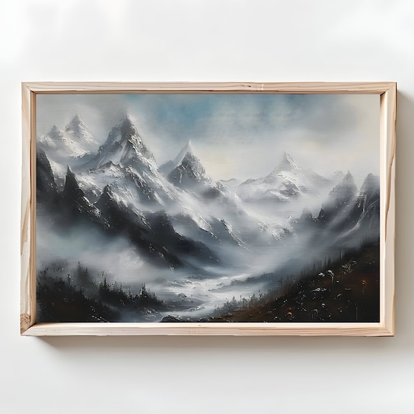 Printable Snowy Mountain Painting | Downloadable Vintage Swiss Alps Prints | Digital Landscape Oil Painting Artwork | Moody Nature Wall Art