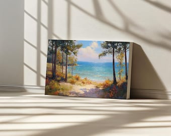 Toile lac Michigan, art mural Grands Lacs d'Amérique du Nord, impression feuillage automne automne Michigan, peinture de paysage Nature forêt au bord du lac