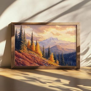 Peinture imprimable coucher de soleil sur le parc national du mont Rainier, art mural sur la montagne Washington, belle toile de ciel nuageux, oeuvre d'art feuillage d'automne de la forêt