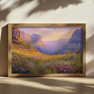 Glacier National Park Painting, Rocky Mountain Range Wall Art, Montana Spring Wildflower Art, Rockies Forest Sunset Nature Landscape Print