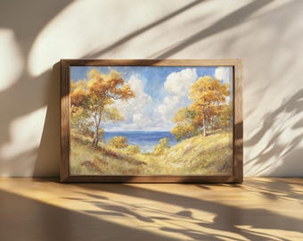 Peinture imprimable sur le lac Michigan, art mural des Grands Lacs d'Amérique du Nord, oeuvre d'art feuillage automne automne Michigan, art du paysage Nature forêt