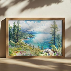 Lake Tahoe Painting, Turquoise Water Reflection Wall Art, California Spring Wildflower Artwork, Mountain Forest Water Nature Landscape Print